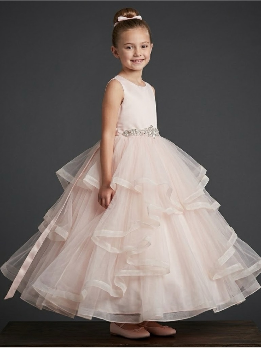 Chantilly place Girls' Pink Layered Tulle Party Dress with Jeweled Waist